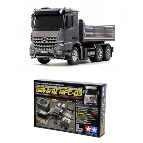 TAMIYA Bundle 56357 300156357 Elektro Modell 1:14 MB Arocs 3348 Hinterkipper 3Achs + 56523 1:14 MFC-03 Truck-Multifunktionseinheit, schwarz, fernsteuerbarer, Lastwagen, LKW, Konstruktionsspielzeug von TAMIYA