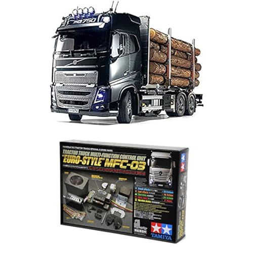 TAMIYA Bundle 56360 1:14 RC Volvo FH16 Holztransporter + 56523 1:14 MFC-03 Truck-Multifunktionseinheit, schwarz, fernsteuerbarer, Lastwagen, LKW, Konstruktionsspielzeug, Modellbau, Unlackiert von TAMIYA