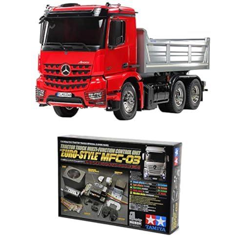 TAMIYA Bundle 56361 Mercedes-Benz 1:14 MB Arocs 3348 Rot/Silber Kipper + 56523 1:14 MFC-03 Truck-Multifunktionseinheit, schwarz, fernsteuerbarer, Lastwagen, LKW, Konstruktionsspielzeug, Modellbau von TAMIYA