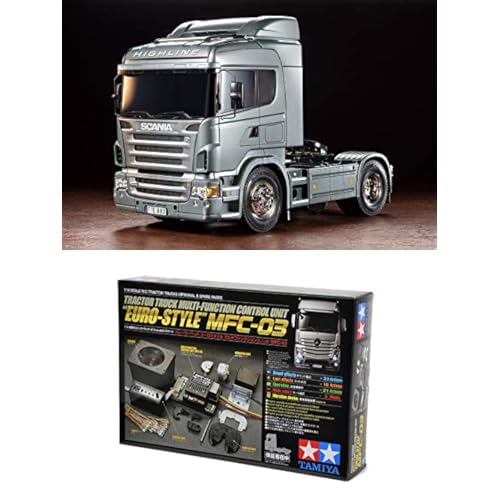 TAMIYA Bundle 56364 1:14 RC Scania R470 Silber Edition + 56523 1:14 MFC-03 Truck-Multifunktionseinheit, schwarz, fernsteuerbarer, Lastwagen, LKW, Konstruktionsspielzeug, Modellbau, Basteln, LKW von TAMIYA