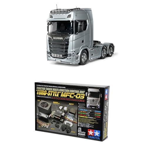 TAMIYA Bundle 56373 1:14 RC Scania 770 S 6x4 Silber vorlackiert + 56523 1:14 MFC-03 Truck-Multifunktionseinheit, schwarz, fernsteuerbarer, Lastwagen, LKW, Konstruktionsspielzeug, Modellbau, Basteln von TAMIYA