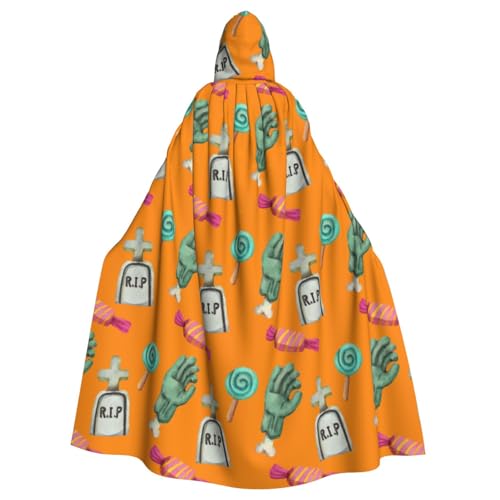 TANGMUBAO Halloween Kapuzenumhang für Erwachsene, große Fliege mit Kapuze, orangefarbener Totenkopf und Halbmond-Design, Polyester von TANGMUBAO