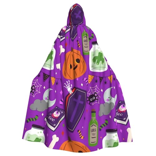 TANGMUBAO Halloween-Kapuzenumhang mit Totenköpfen, Fledermäusen und Trankflaschen, große Kapuze und Fliege, 100 % Polyester von TANGMUBAO