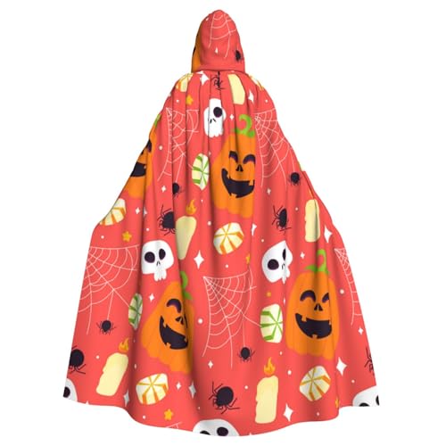 TANGMUBAO Halloween-Kapuzenumhang mit Totenköpfen, Fledermäusen und Trankflaschen, große Kapuze und Fliege, 100 % Polyester von TANGMUBAO