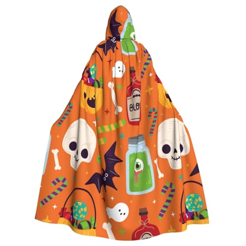 TANGMUBAO Halloween-Kapuzenumhang mit Totenköpfen, Fledermäusen und Trankflaschen, große Kapuze und Fliege, 100 % Polyester von TANGMUBAO