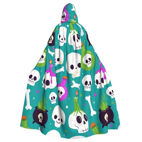 TANGMUBAO Halloween-Kapuzenumhang mit Totenköpfen, Fledermäusen und Trankflaschen, große Kapuze und Fliege, 100 % Polyester von TANGMUBAO