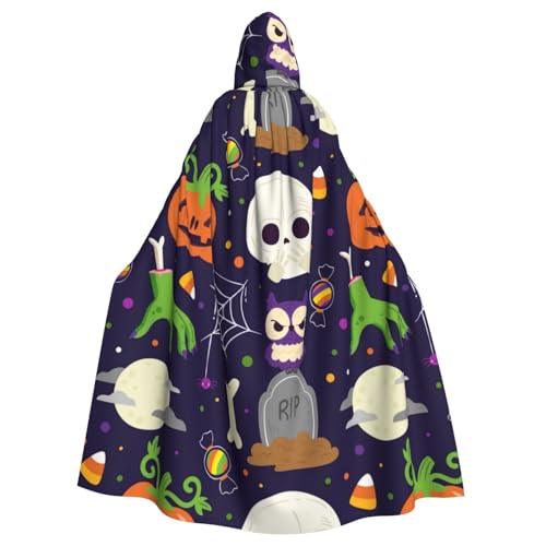 TANGMUBAO Halloween-Kapuzenumhang mit Totenköpfen, Fledermäusen und Trankflaschen, große Kapuze und Fliege, 100 % Polyester von TANGMUBAO