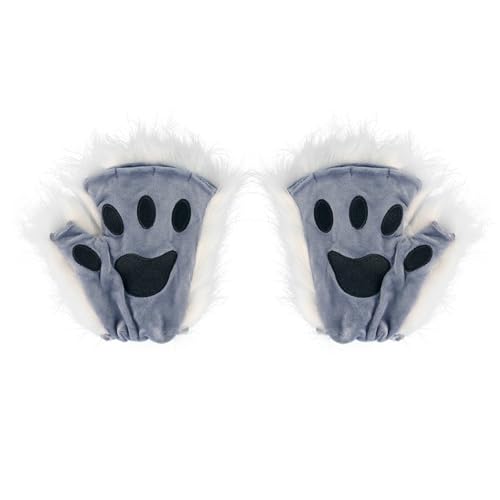 TANGPINGMAO 1 Paar Therian Fuchs Paws Halloween Cosplay Halbfinger Fuchs Therian Handschuhe Pelzige süße gestickte Fingerlose Pfotenhandschuhe (10,6 x 3,9 Zoll) Dress -up -Kostüme von TANGPINGMAO