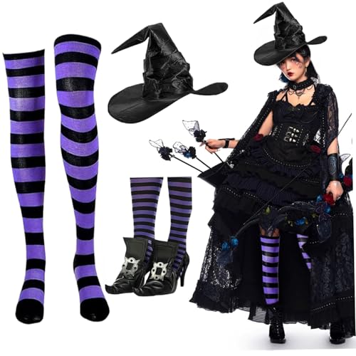 TANGPINGMAO 1 Set Halloween Witch Kostüm -Set enthält Schwarze Hexenschuhe, Hexenhut und gestreifte Knie -High Socken, gruseliges Kostümzubehör für Halloween, Outfit für Erwachsene von TANGPINGMAO