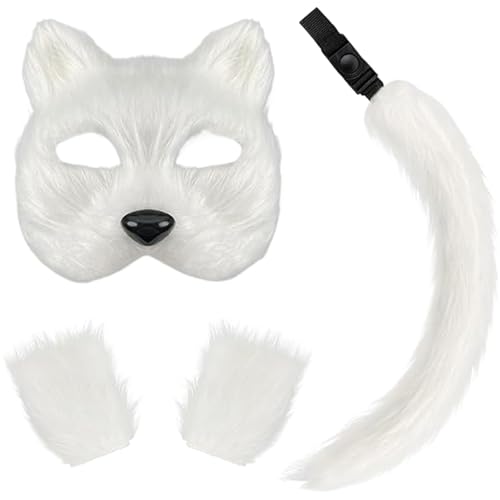 TANGPINGMAO 3 PCs Therian Maske Faux Purry Maske Schwanzhandschuhe Set halb Gesichtsfuchsmaske mit Verstellbarer Schnalle Exquisite Wolf Maske für ausgefallene Kostümparty White Dress Up Costümen von TANGPINGMAO