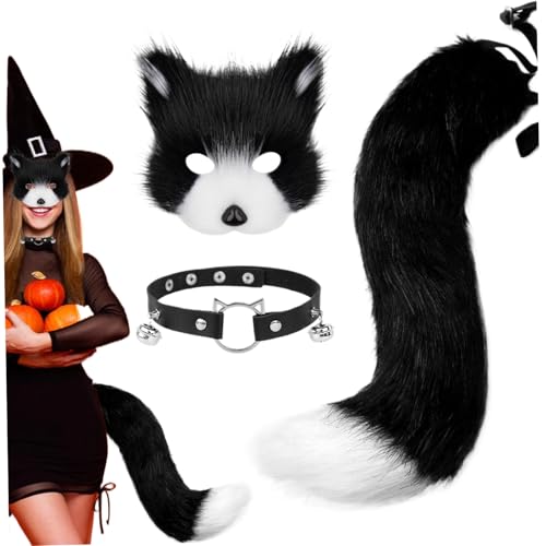 TANGPINGMAO 3pcs/Set Fox Maske und Tail Set Pelry Fox Kostüm enthält eine Flauschige Fuchsmaske, Pfotenhandschuhe ＆ Choker Colar Therian Stuff Halloween Kostüm Erwachsene Outfit von TANGPINGMAO