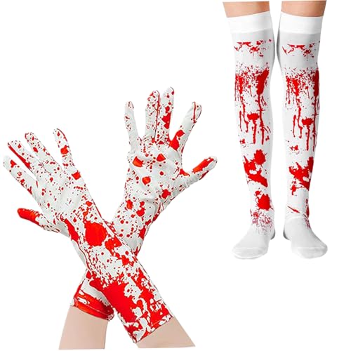 TANGPINGMAO Blutiges Halloween -Kostüm 1 Paar realistische blutige Handschuhe und 1 Paar blutige Socken gefärbte Blut Halloween -Handschuhe Frauen Mädchen über Kniestocker Erwachsener Outfit von TANGPINGMAO