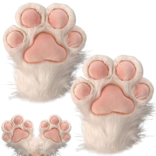 TANGPINGMAO Cat Paw 1 Paar Vollhand 10in Therian Pfoten süße bestickte weiße pelzige Pfoten realistische dekorative Pfotenhandschuhe für Kinder, Erwachsene, Cosplay, Bühnenkleid Kostüme von TANGPINGMAO