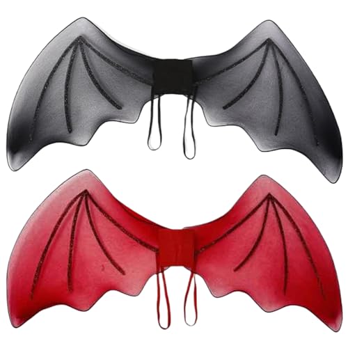 TANGPINGMAO Fledermausflügel 2pcs 24x11in Realistic Halloween Wing Spooky Scary Devil Flügel mit Gurt faltbar schwarz und rotes Fledermauskostüm für Cosplay, Party, Erwachsenenoutfit von TANGPINGMAO