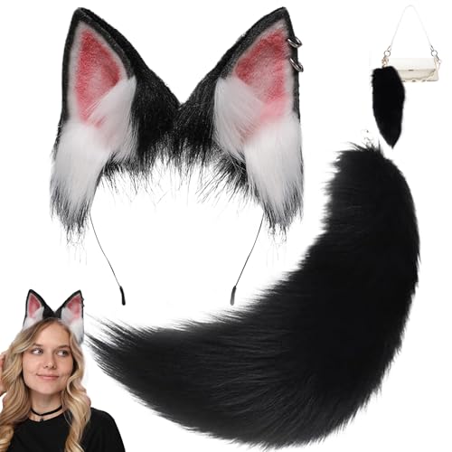 TANGPINGMAO Fox Ohr und Schwanz Set pelzig realistisch künstlich niedliche Fuchsschwanz und Ohren Dekorative Schwarze weiße Fuchs Kostüm für Cosplay -Party Dress -up Kostüme von TANGPINGMAO