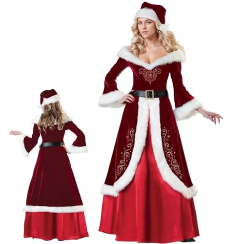 TANGPINGMAO Frau Kostüm Erwachsene Frauen, 3pcs/Set Mrs Kleid mit Hut, Gürtel, Rock, Santa Kostüm für die Weihnachtsfeier, Cosplay, Schulshow, L Adult Outfit von TANGPINGMAO