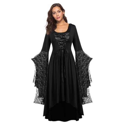 TANGPINGMAO Gothic -Kleid -Schädelmuster Langarm Falten -viktorianisches Kleid für Frauen Schwarzes mittelalterliches Renaissancekleid mit Krawatte für Halloween, Cosplay, 3XL Erwachsener Outfit von TANGPINGMAO