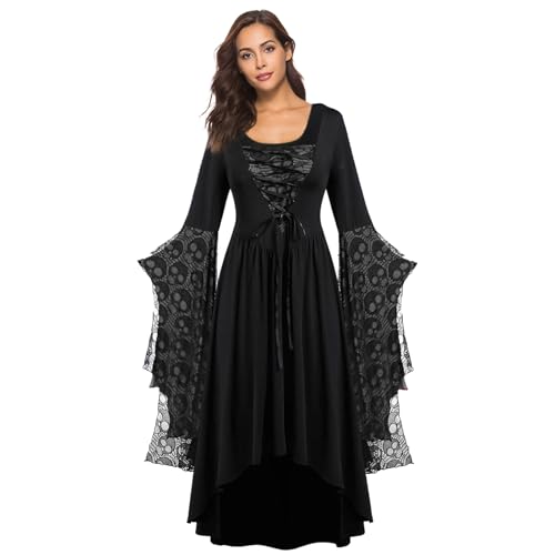 TANGPINGMAO Gothic Kleid -Schädelmuster Langarm gefaltes viktorianisches Kleid für Frauen schwarzes mittelalterliches Renaissance -Kleid mit Krawatte für Halloween, Cosplay, L Adult Outfit von TANGPINGMAO