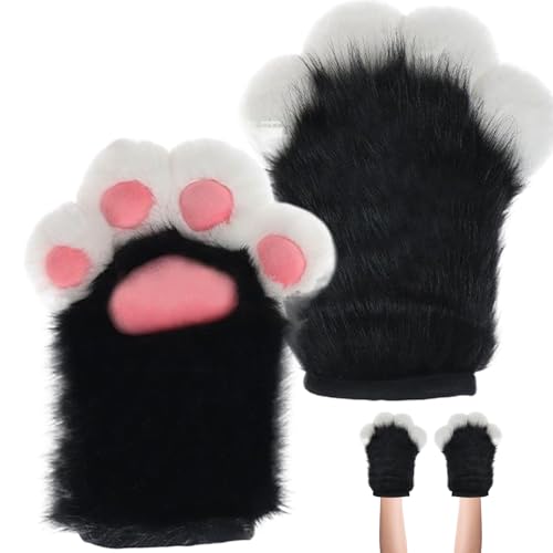 TANGPINGMAO Halloween pelzige Pfoten 1 Paar Fauxpelzen Plüschkatze Pfoten Handschuhe Fingerlose Therian Paws süße Pursuit Pfoten für Halloween Cosplay, schwarz -weißes Outfit für Erwachsene von TANGPINGMAO