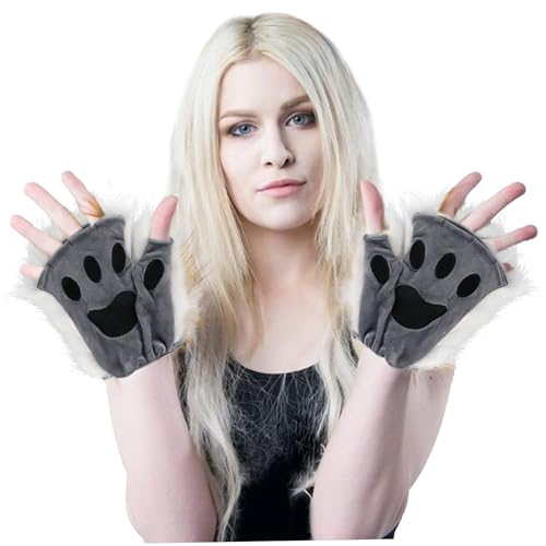 TANGPINGMAO Katzenpfoten 1 Paar halbe Finger Therianpfoten süße bestickte pelzige Pfoten dekorative realistische Pfotenhandschuhe für Kinder Erwachsene Cosplay -Bühne, Schwarze Dress -up -Kostüme von TANGPINGMAO