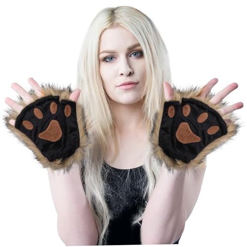 TANGPINGMAO Katzenpfoten 1 Paar halbe Finger Therianpfoten süße bestickte pelzige Pfoten dekorative realistische Pfotenhandschuhe für Kinder Erwachsene Cosplay -Bühne, Schwarze Dress -up -Kostüme von TANGPINGMAO