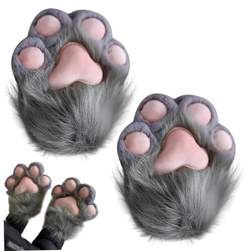 TANGPINGMAO Katzenpfotenhandschuhe 1 Paar Plüschpelzpfoten Fäustlinge Therian Handschuhe für Cosplay und Anime Convention Dress-up-Accessoires Grau Erwachsene Outfit von TANGPINGMAO