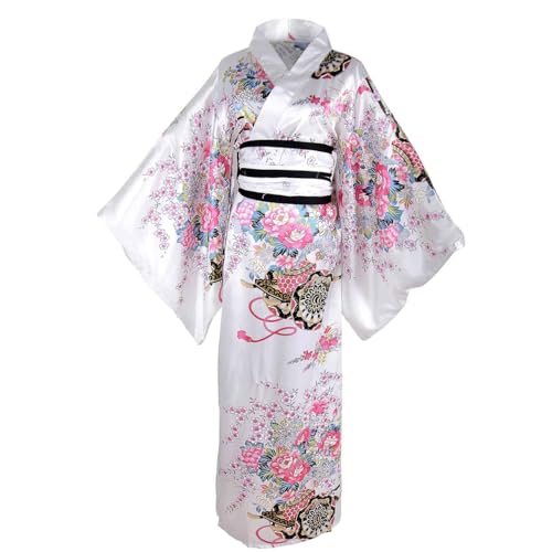 TANGPINGMAO Yukata für Damen, japanischer Kimono mit Blumenmuster, seidig, bequem, hautfreundlich, traditioneller Kyoto-Blüten-Kimono-Roben für Partys (weiß), Verkleidungskostüme von TANGPINGMAO