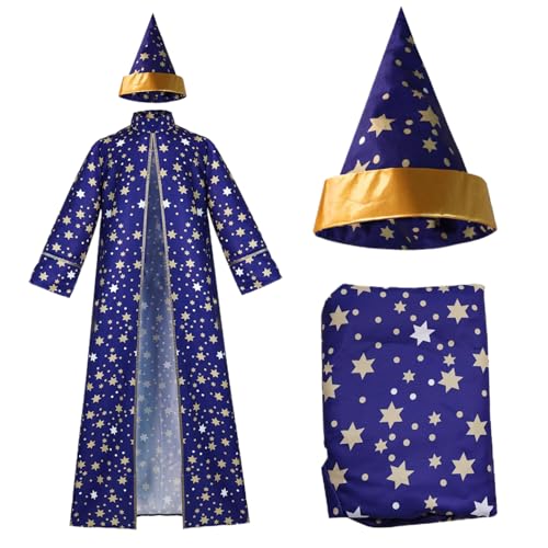 TANGPINGMAO Zauberer Kostüm Langarmes Blue Wizard Robe und Hut Polyester Star Muster Zauberer Umhang Erwachsene Wizard Robe für Halloween -Party, Cosplay (M) Erwachsener Outfit von TANGPINGMAO