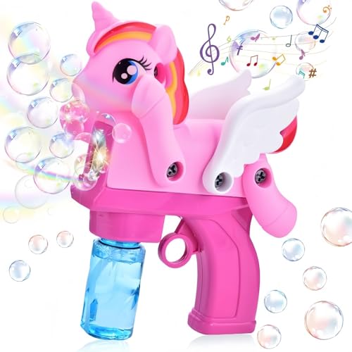 Einhorn-Seifenblasenpistole, Automatische Seifenblasenmaschine für Kind, Bubble Gun Machine mit Musik und 2 Flaschen Seifenblasen Flüssigkeit, Outdoor Spielzeug für Mädchen/Geburtstag/Party/Hochzeit von TANSAR