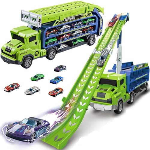 Transporter Truck Spielzeugautos, 2 in 1 Rennbahn Autotransporter Spielzeug ab 3 4 5 6 7 8 Jahre Junge, 2,8 Fuß Faltbare Rennstrecke LKW mit 6 Rennautos, Kinderspielzeug Geschenke, Grün von TANSAR