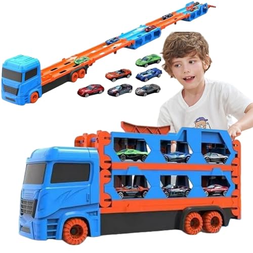 Transporter Truck Spielzeugautos für Junge ab 3 4 5 6 Jahre, Tragbares Faltbares Rennbahn Autotransporter Spielzeug mit 6 Rennautos, Kinderspielzeug Geschenke, Blue von TANSAR