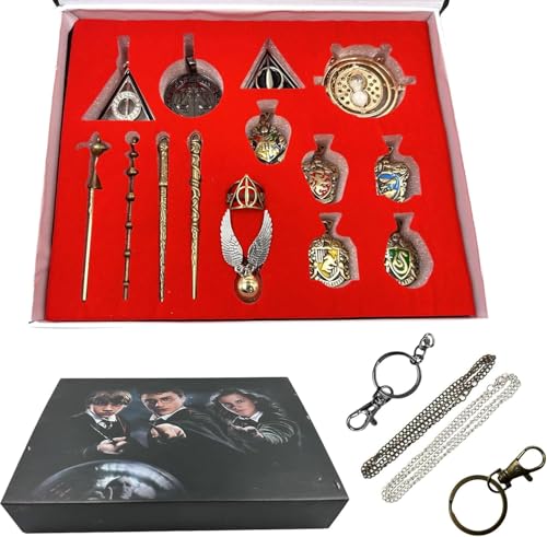 TANSHOP Zauberer Zauberstab Set Cosplay Spielzeug für Kinder mit Schlüsselbund, Halskette, Schulabzeichen und Ringen, Dumbledore Voldemort Zauberstab In Einer Geschenkbox von TANSHOP