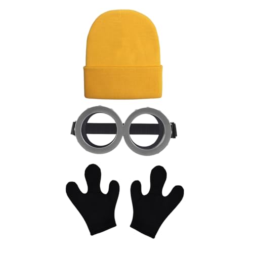 TANTAKO 3 Pcs Erwachsene Halloween DIY Kostüm Zubehör mit Gelb Beanie, Drei Fingern Handschuhe und Schutzbrille (Stil C) von TANTAKO