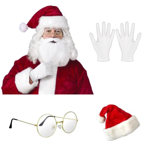 TANTAKO 5 Stück Nikolaus Perücke Set, Weihnachtsmann Perücke+Bart+Handschuhe+Mütze+Brille für Weihnachtsfeier Kostüm von TANTAKO