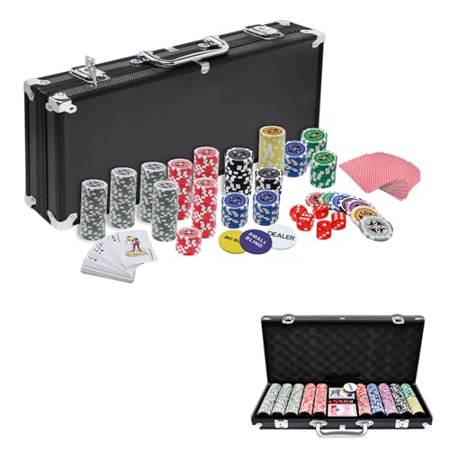 TANYEAR Pokerkoffer Pokerset mit 500 Laser Pokerchips Poker Komplett Set Pokerkarten Poker Chips inkl. 2xPokerdecks, Alu Pokerkoffer, 5xWürfel, 3xDealer Button, Schwarz von TANYEAR