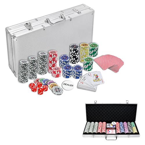 TANYEAR Pokerkoffer Pokerset mit 500 Laser Pokerchips Poker Komplett Set Pokerkarten Poker Chips inkl. 2xPokerdecks, Alu Pokerkoffer, 5xWürfel, 3xDealer Button, Silber von TANYEAR