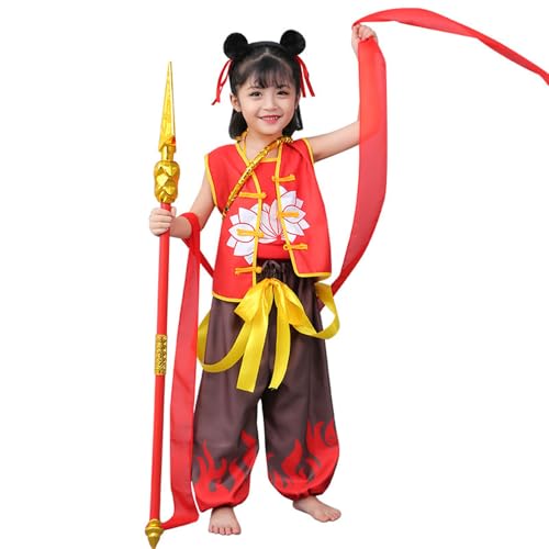 TANZEQI Chinesisches Hanfu-Anzug, Nezha-Performance-Kostüm für Jungen und Mädchen und Erwachsene, chinesische Mythologie, Cosplay-Outfit (kurze Ärmel mit Zubehör, 100 cm) von TANZEQI