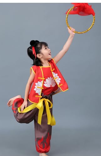 TANZEQI Chinesisches Hanfu-Anzug, Nezha-Performance-Kostüm für Jungen und Mädchen und Erwachsene, chinesische Mythologie, Cosplay-Outfit (kurze Ärmel ohne Zubehör, 120 cm) von TANZEQI