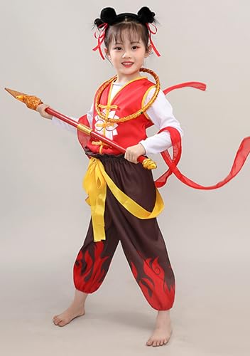 TANZEQI Chinesisches Hanfu-Anzug, Nezha-Performance-Kostüm für Jungen und Mädchen und Erwachsene, chinesische Mythologie, Cosplay-Outfit (lange Ärmel mit Zubehör, 100 cm) von TANZEQI