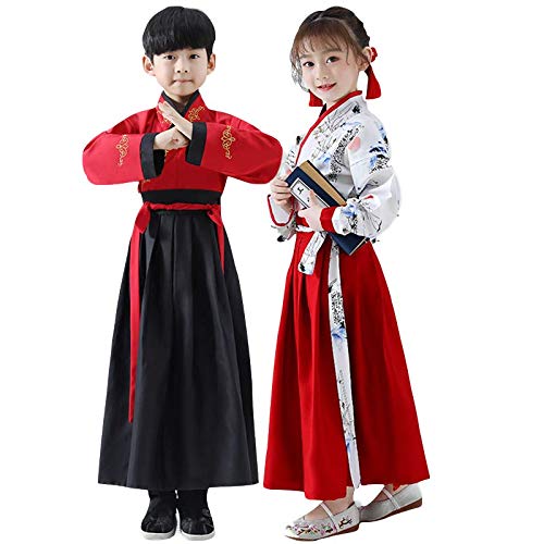 TANZEQI Traditionelles chinesisches Hanfu-Kleid für Jungen und Mädchen, Han-Dynastie, altes Partykleid, Cosplay-Kostüm, Rot und Schwarz, 120 von TANZEQI