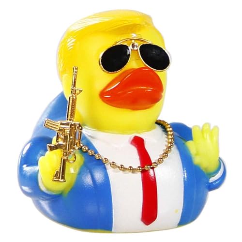 TAOHUAJIANG Gummi-Enten, Trump, Auto-Ente, Armaturenbrett, Quietschenten, Spielzeug, Auto-Ornamente, Auto-Dekor-Zubehör mit Sonnenbrille, Verteidigungszubehör und vergoldeter Halskette (Stil F) von TAOHUAJIANG