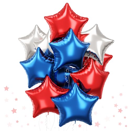 Blau Rot Stern Foil Luftballon, 18 Zoll Blau Rot Sterne Folienballons 12 Stück Blau Rot und Silber Pentagramm Helium Folien Ballons für Kinder Geburtstag Baby Party Karneval Theme Party Dekoration von TAOYE