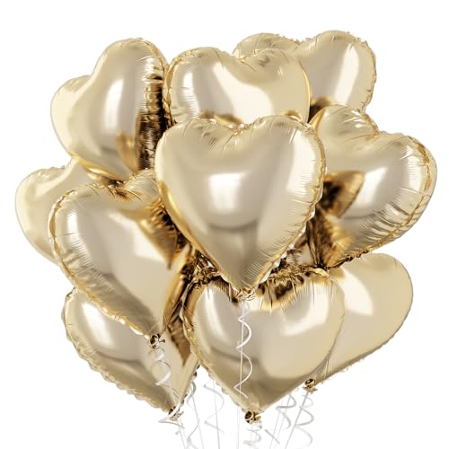 Herz Folienballon Gold, 18 Zoll 10 Stück Hell Gold Herz Helium Luftballons Pastell Gold Herzen Folien Ballons Party Dekoration für Geburtstag Hochzeit Baby Party Jubiläum Graduierung von TAOYE