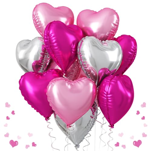 Herz Folienballon Hot Rosa Silber, 12 Stück 18 Zoll Hellrosa und Silber Helium Herz Folien Ballons Hot Rosa Herz Luftballons Party Dekoration für Geburtstag Hochzeit Valentinstag Jubiläum von TAOYE