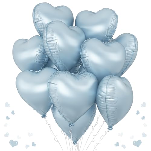 Blau Herz Luftballon, 18 Zoll Babyblau Herz Folienballon Helium, 10 Stück Hellblau Herz Folien Ballon, Pastellblau Herz Mylar Ballon für Geburtstag Hochzeit Babyparty Abschluss Frozen Winterparty Deko von TAOYE