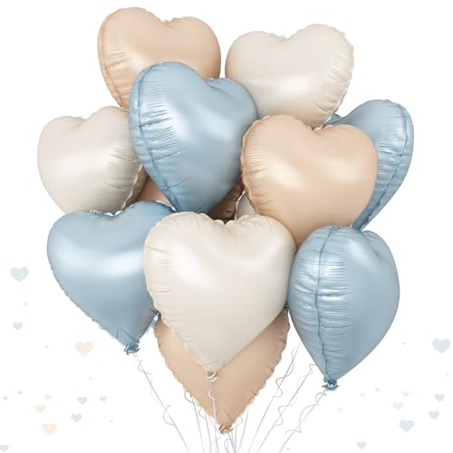 Blau Creme Herz Folienballon, 12Stück Blau Weiß Aprikose Herz Folien Ballon, 18Zoll Hellblau Beige Karamell Herz Helium Folienballon für Geburtstag Babyparty Hochzeit Valentinstag Abschluss Party Deko von TAOYE