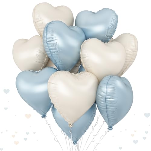 Herz Folienballons Blau Weiß, 18 Zoll Baby Blau Creme Herz Folien Ballons Helium, 10 Stück Hellblau Beige Mylar Herz Luftallons für Frozen Junge Geburtstag Babypartys Hochzeit Valentinstag Party Deko von TAOYE