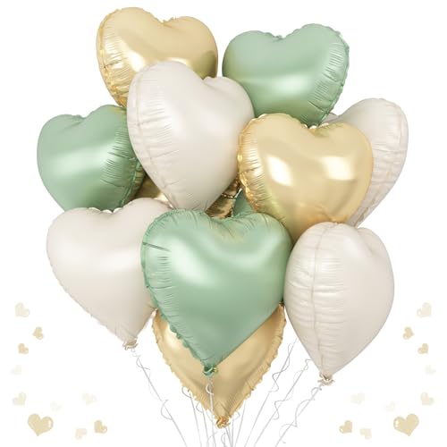 Grün Gold Herz Luftballons, 12 Stück Grün Gold Weiß Herz Folienballons, 18 Zoll Salbei Grün Hellgold Creme Herz Folien Ballons für Geburtstag Hochzeit Jubiläum Baby Dusche Dschungel Party Dekoration von TAOYE