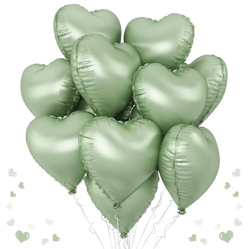 Herz Luftballons Grün, 18 Zoll Sage Grün Herz Folienballons, 10 Stück Olivgrüne Helium Herz Folien Ballon, Hell Grün Mylar Herz Ballon für Geburtstag Hochzeit Babyparty Abschluss Dschungel Party Dekor von TAOYE