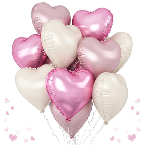 Rosa Beige Herz Luftballons, 12 Stück Baby Rosa Creme Herz Folien Ballons Helium, 18 Zoll Hellrosa Weiß Herz Folienballons für Mädchen Geburtstag Hochzeit Babyparty Valentinstag Party Dekoration von TAOYE